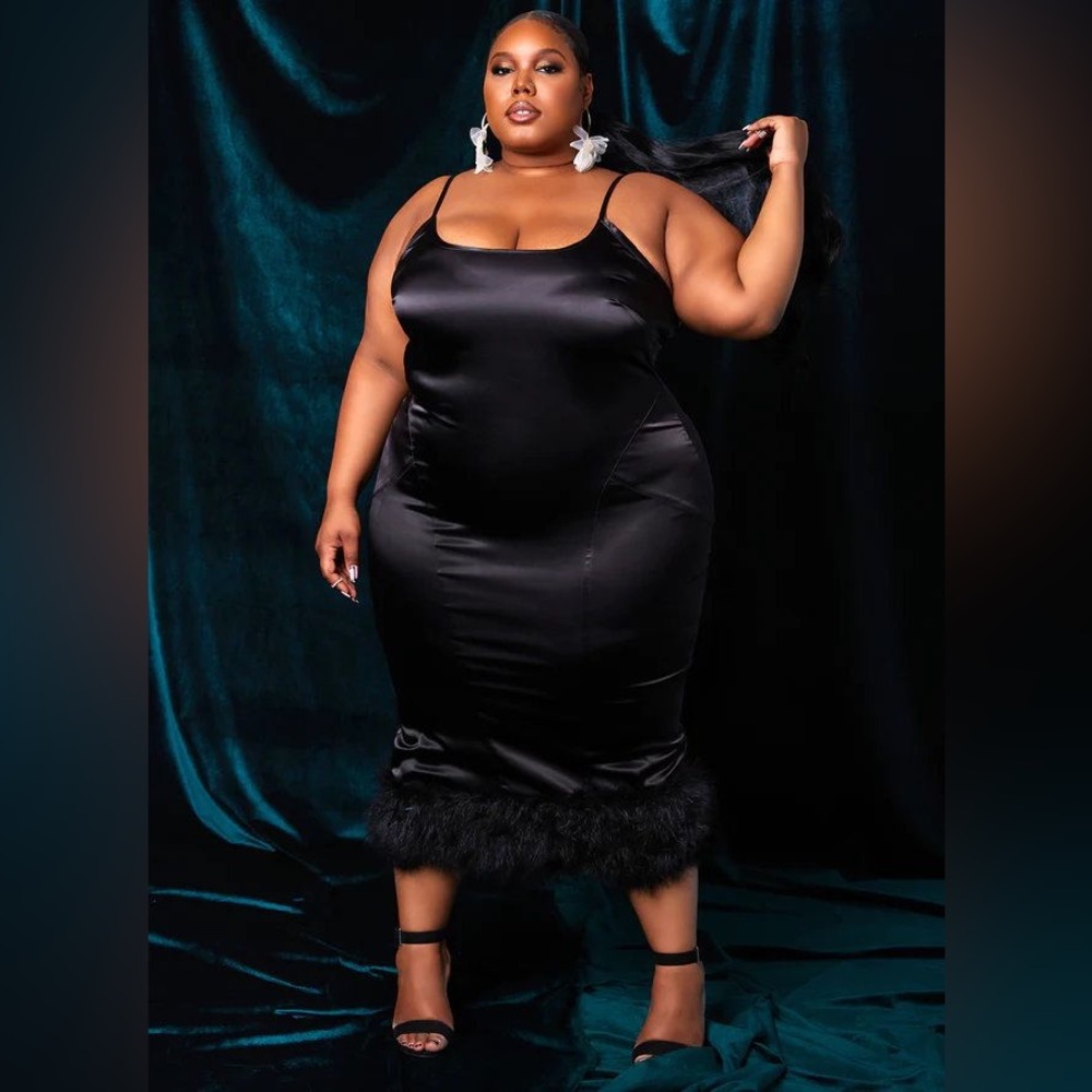 REBDOLLS Black Satin Dress with Feather Hem